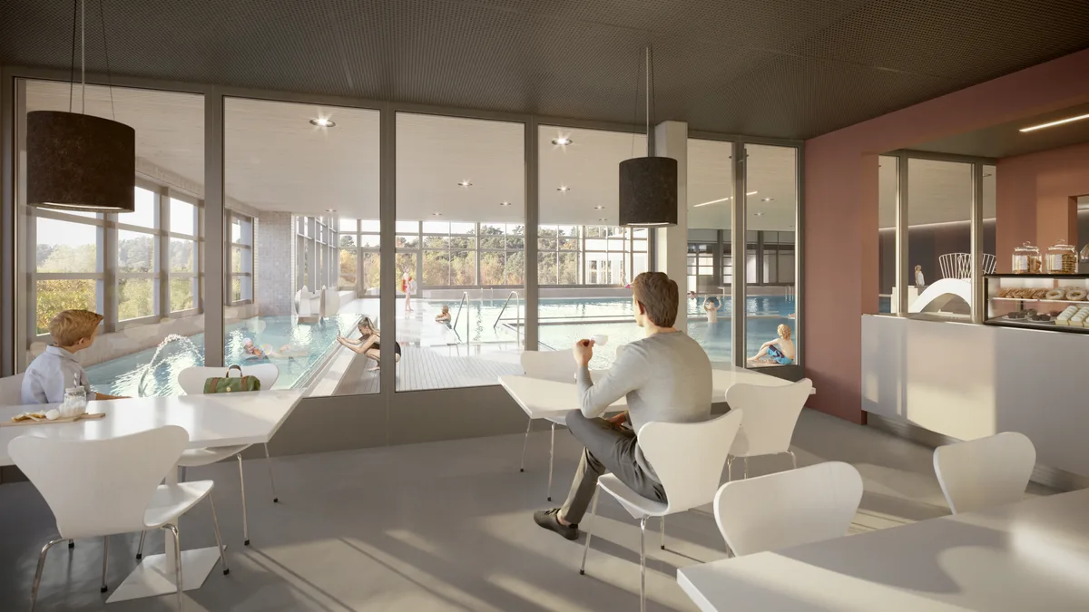 Aus diesem wird dereinst der Blick auf die Halle möglich sein. Visualisierung des sanierten Hallenbads.